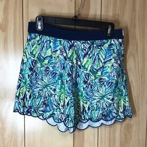Blue Floral Elastic Waist Decorative Trim Shorts M